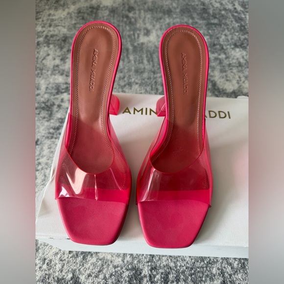 Amina Muaddi Shoes - Amina Muaddi Pink PVC Mule Heels Square Toe Sandals Flared Heel Size 38